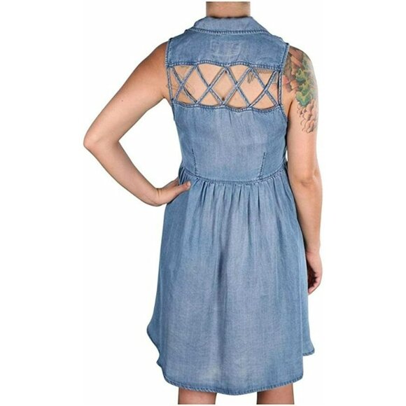 Vans Skater Dress Size Small Lou Chambray Shirt Lattice Back Sleeveless - Picture 1 of 5